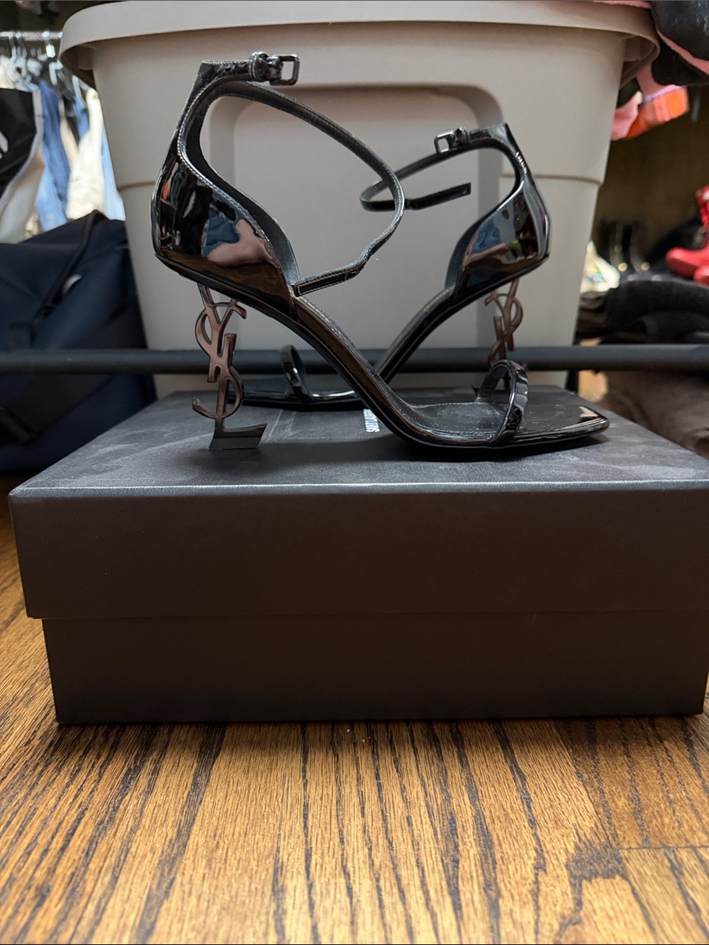 Yves Saint Laurent Black Patent Logo-Heel Strappy Sandals